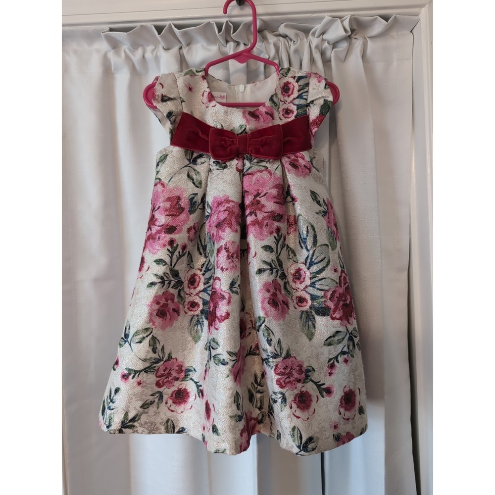 Bonnie Jean Girl's Floral Gold‎ Shimmer Princess Wedding Easter Dress Sz. 3 Bow